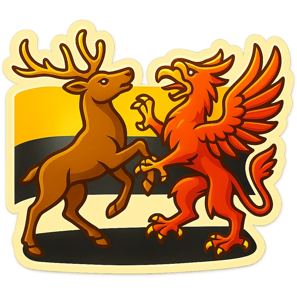 Create an emoji of the Baden-Württemberg coat of arms animal featuring a stag and griffin. The style should be less cartoonish and match the retro stickers style as seen in the first Berlin icon from the last batch. Use the Baden-Württemberg flag as the background. No text included. emoji