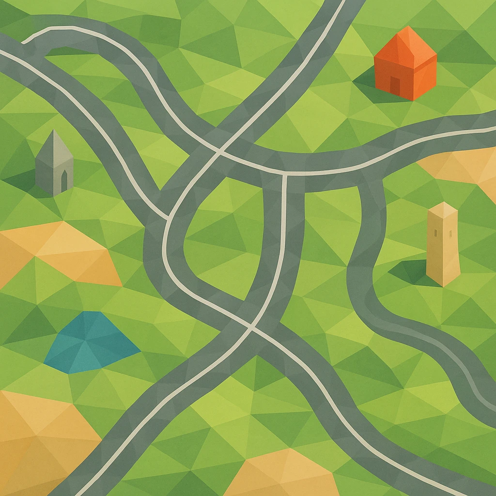 simple road map illustration, top-down view, with winding roads, intersections, and a few landmarks, low-poly polygonal illustration style emoji