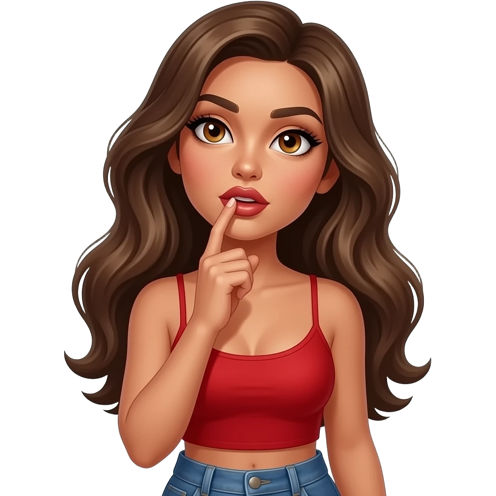 Fingers on lips and thinking looking up woman with tan glowy skin, hazel eyes almond with long lashes,, full lips, dark blonde flowing hair, delicate feminine sexy features, wearing a red crop top and blue low waist jeans, confident and femenine and glam makeup. Intense seductive look. emoji