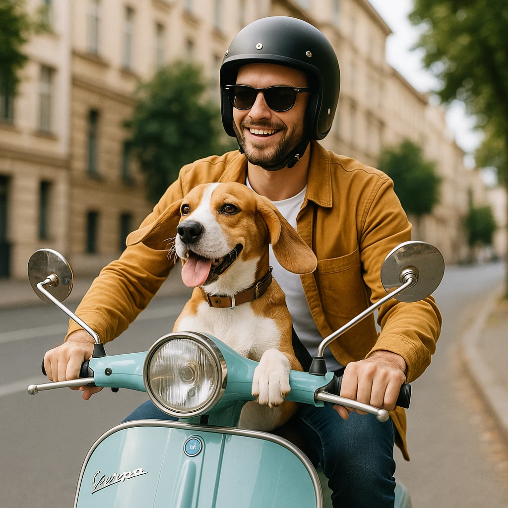 man and his pet dog riding a vespa emoji