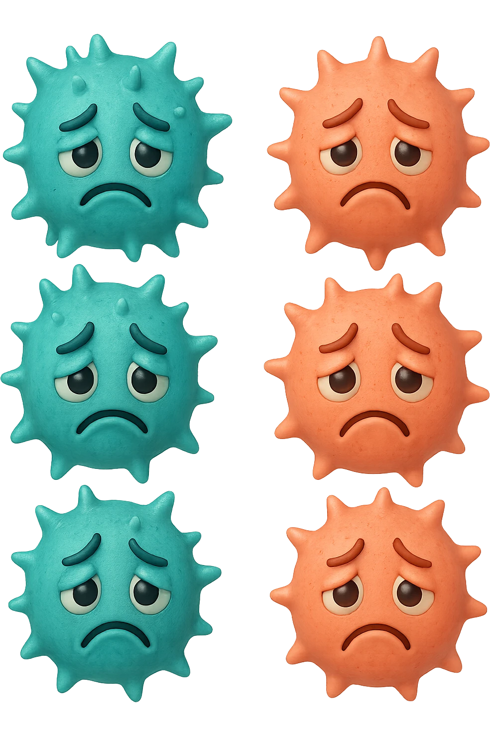 EMOJI STILE IPHONE DI 3 BATTERI INTESTINALI turchesi tristi e 3 batteri intestinali rosa salmone tristi CHE FLUTTUANO IN ARIA IPERREALISTICO 4K emoji