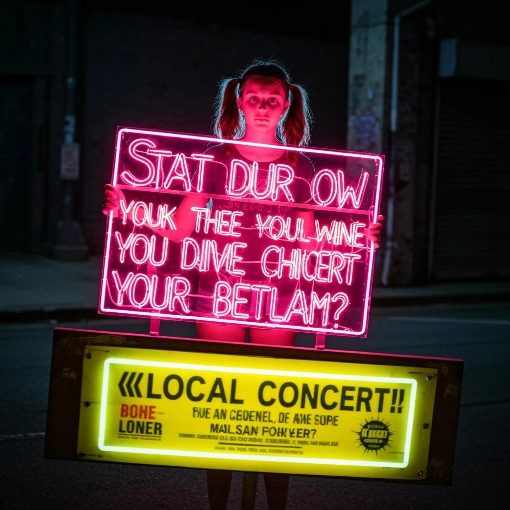 make a girl holding this sign, but sign in made of neon, also add fast below the sign emoji