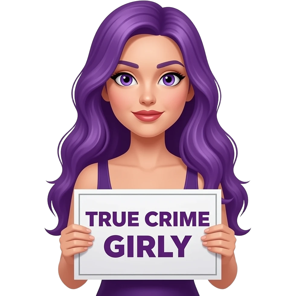 sexy girl with long purple hair and purple eyes wearing a dress holding a TRUE CRIME GIRLY sign emoji