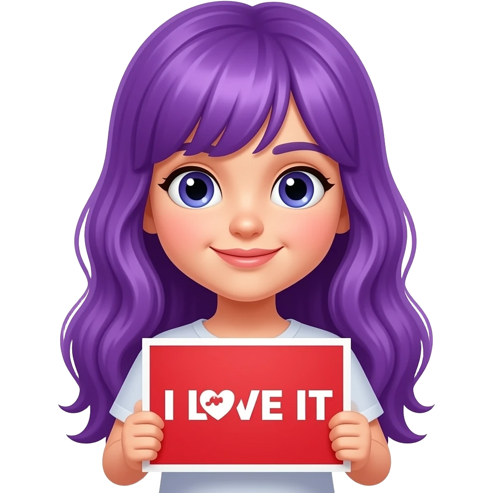 girl with long purple hair holding a I LOVE IT sign emoji