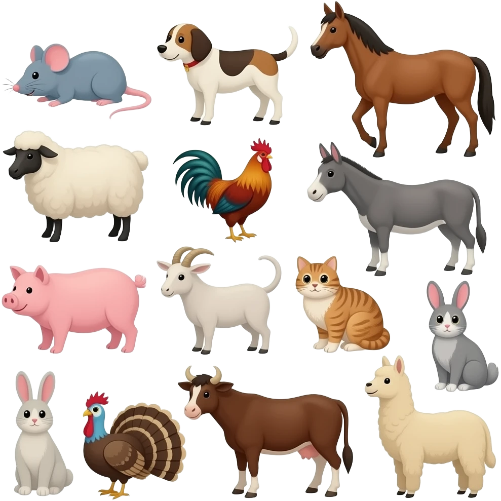 Duck, mouse, dog, horse, sheep, chicken, donkey, pig, goat, cat, owl, rooster, rabbit, Turkey, cow, and llama emoji