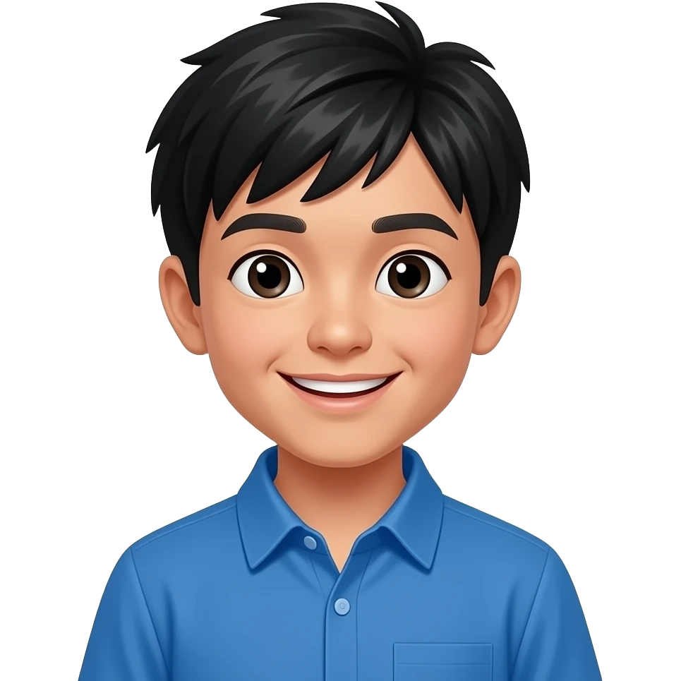 fair skinned asian boy with blue shirt and black hair, is smiling emoji