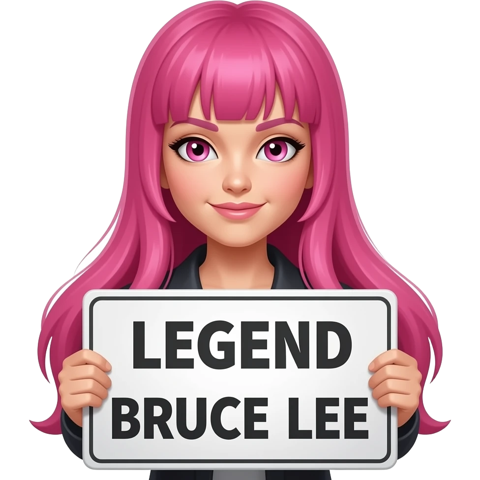 sexy girl with long pink hair and pink eyes holding LEGEND BRUCE LEE sign emoji
