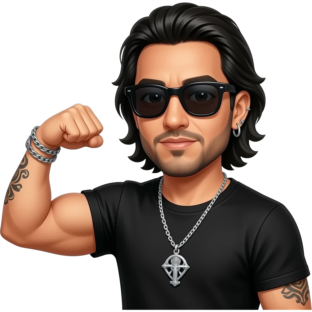 handsome, manly Latino podcast host with black colored eyes wearing black with silver jewelry, with medium length hair, a very long, lightly graying beard and tattoos, his ear pierced and right nostril as well, dark sunglasses. Flexes muscles emoji