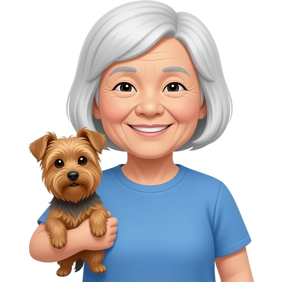 Asian grandma wearing blue tshirt with short white hair carrying brown terrier emoji