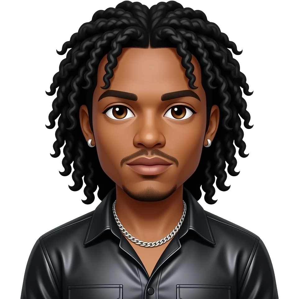 Maxwell, R&B Singer (b.1973) with dark brown eyes, long black afro hair, black metallic shirt, silver necklace and short earrings emoji