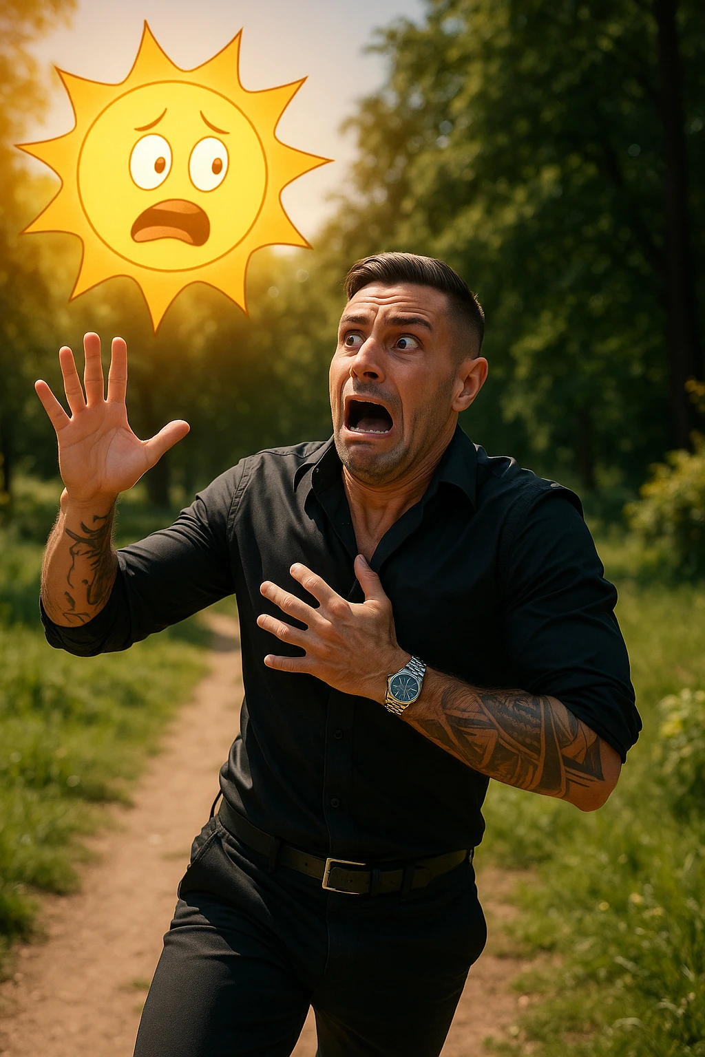 Uomo che corre via dal sole spaventato perchè pensa sia nocivo realistica emoji