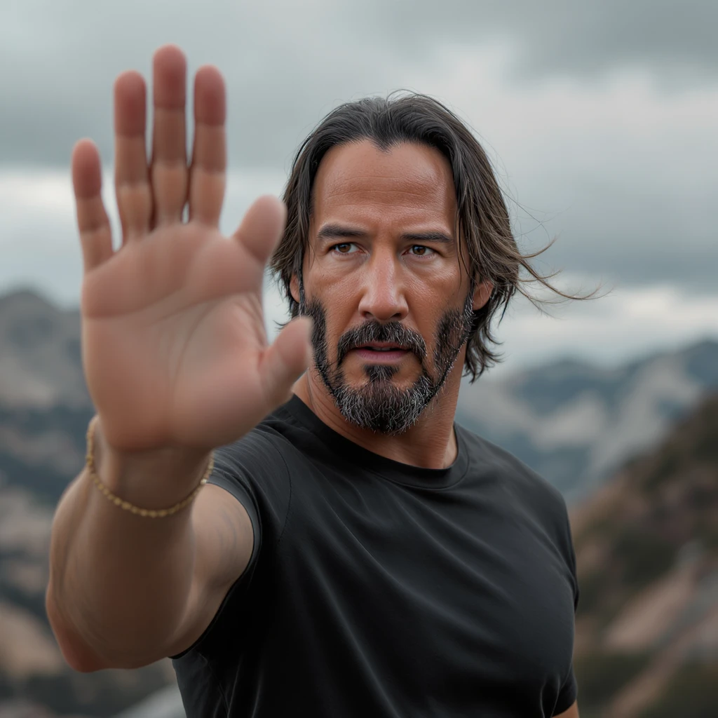 Keanu Reeves raising his hand up, realistic style, no text emoji