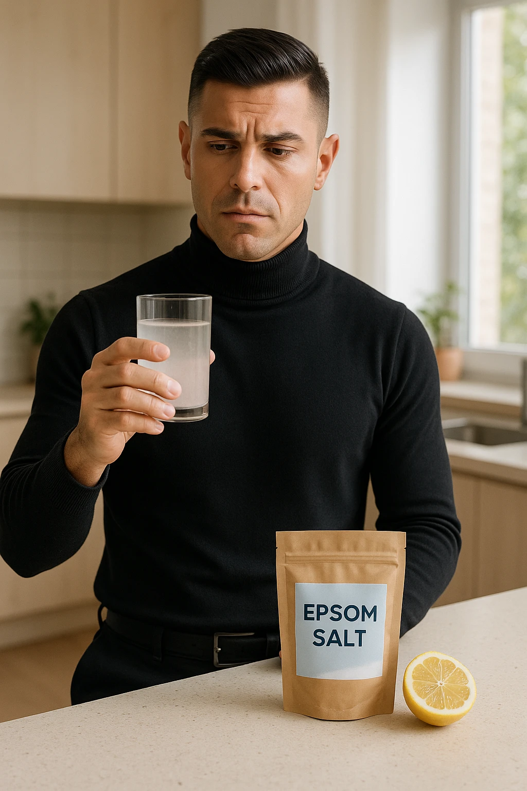A realistic, bright photo-style image of a young man in his 30s standing in his kitchen, holding a clear glass filled with water in which Epsom salt (magnesium sulfate) has been dissolved. He looks focused but slightly uncertain as he prepares to drink it for a liver flush or digestive cleanse. The glass shows slight cloudiness from the dissolved salt. On the counter are a packet labeled 'Epsom Salt' and a sliced lemon, suggesting he might use it to mask the taste. The setting is clean, natural, and bright with neutral tones. The background shows sunlight streaming through a window, emphasizing a clean, minimalist health-focused environment. The mood conveys a realistic, calm moment of self-care with a hint of discomfort, illustrating a natural detox practice in italiano emoji
