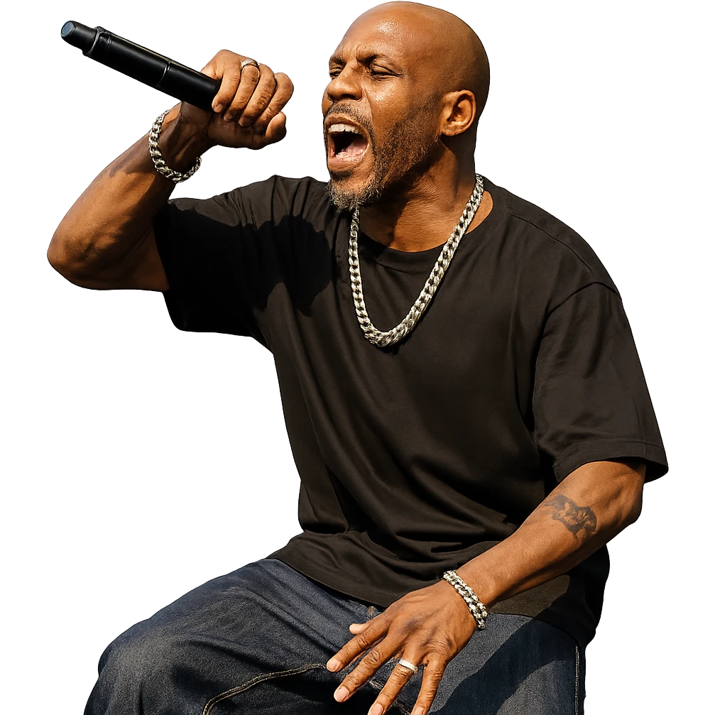 rapper DMX, rapping on stage, microphone in hand, energetic pose, hip hop style emoji