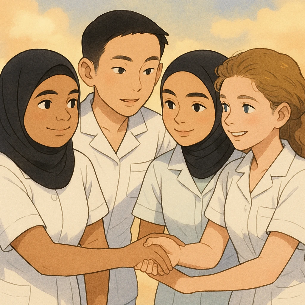 Four nursing students inspired by the faces in the reference photos, wearing complete white short-sleeved uniforms (arms visible), without stethoscopes, helping each other, in a warm and caring Ghibli style atmosphere with a soft and bright background. emoji