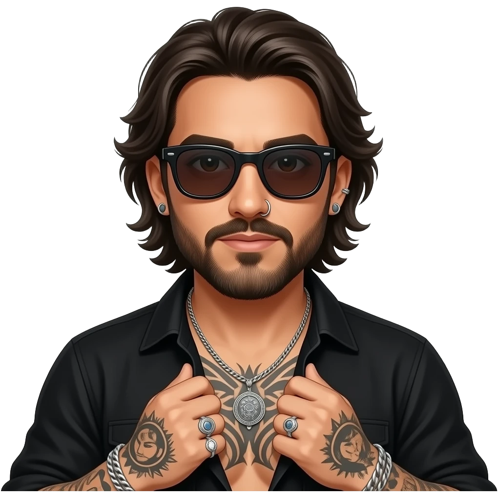 The handsome manly Latino podcast host with medium length hair, a long slightly graying beard and tattoos with his ears pierced 1 time each ear and a nose ring on the right side, dark brown eyes, wearing black, super dark sunglasses, jewelry, getting undressed emoji