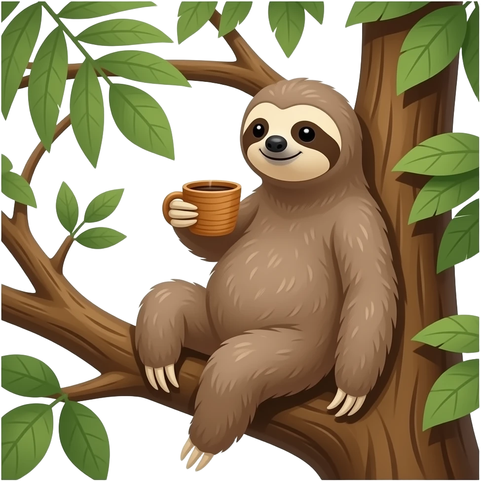 sloth on big jungle tree drink coffee wooden cup hanging emoji