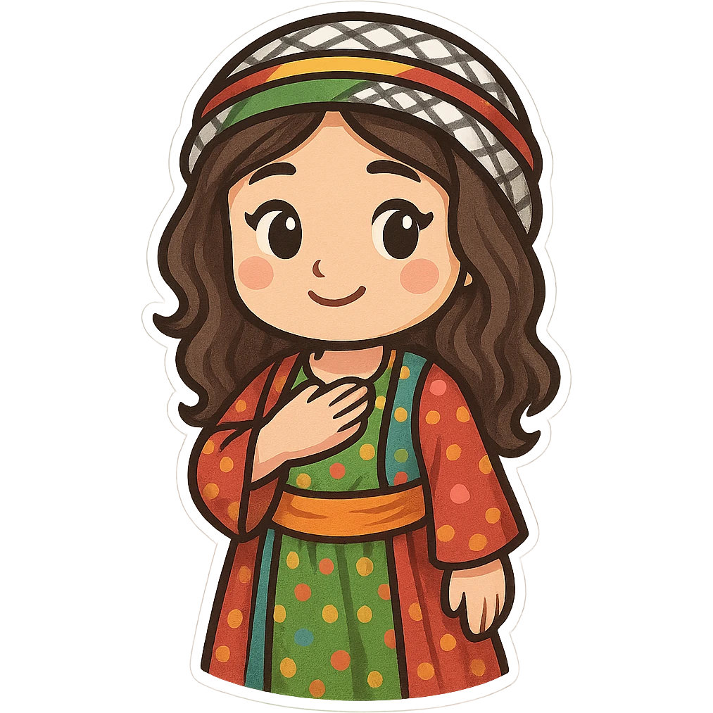cartoon sticker of a Kurdish woman in traditional female clothing, hand on chest (salute) pose, gentle smile, colorful and cheerful, no text, suitable for WhatsApp and Instagram emoji