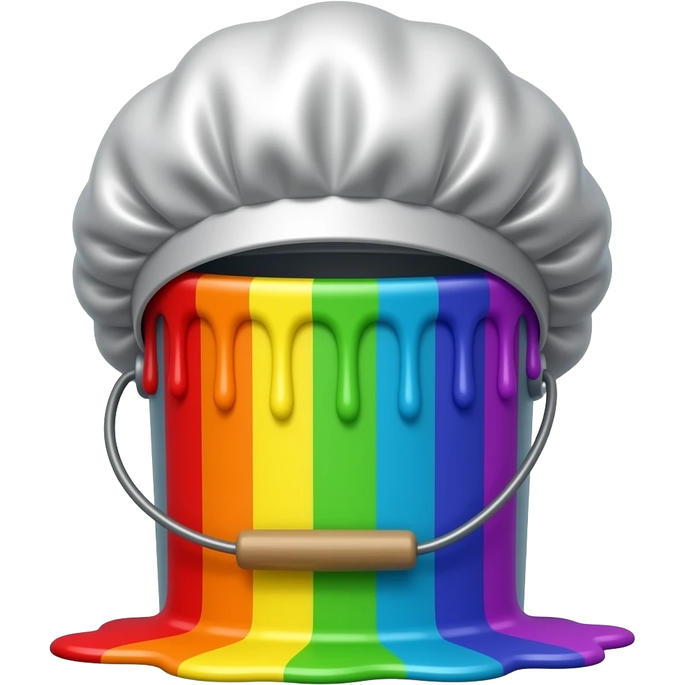 A bucket of rainbow paint pouring out of it. With a satin hair bonnet on top of the bucket. emoji