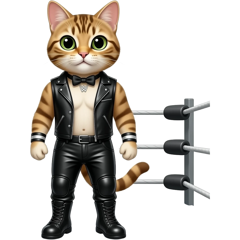 a cat wearing open vest and black leather pants wrestling ring emoji