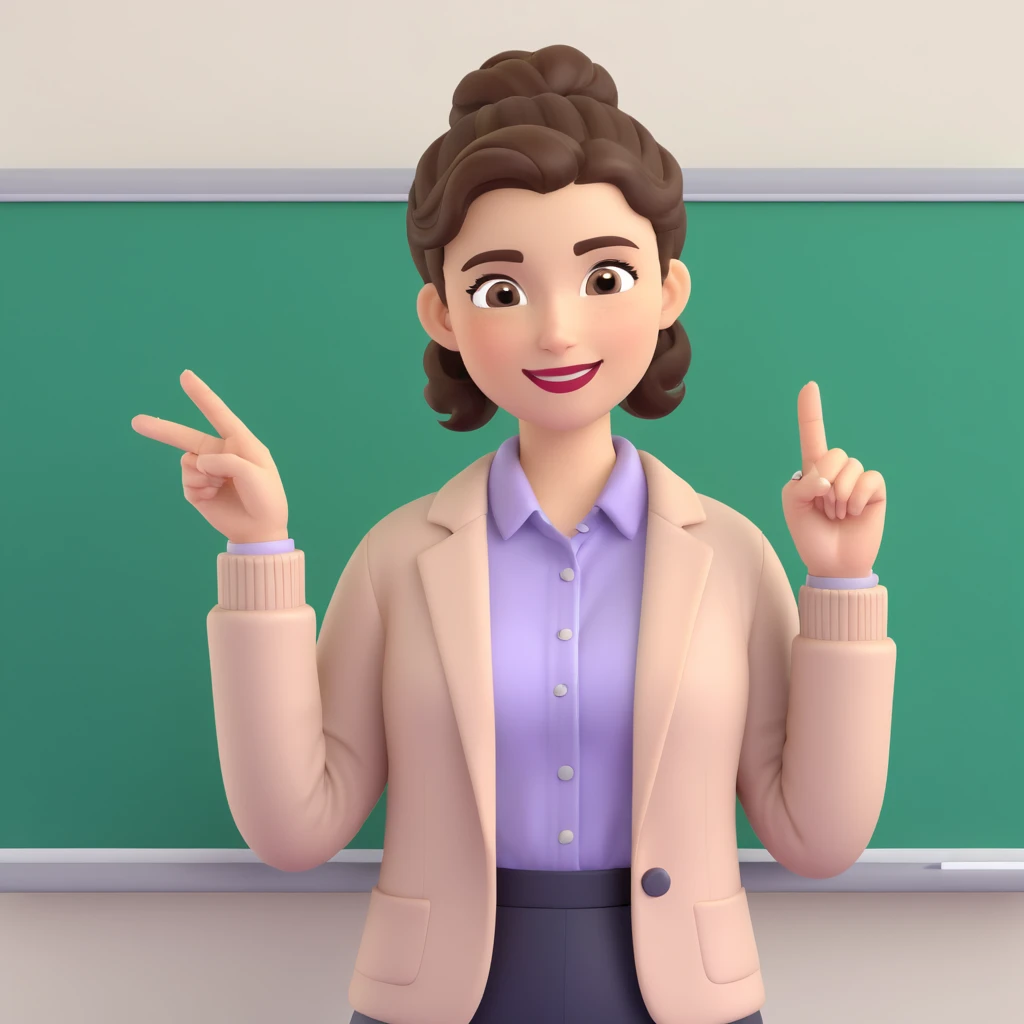 Professional 3D cartoon female character, medium-length hair in bun or waves, expressive eyebrows, smiling warmly, light cardigan or blazer over pastel collared shirt, one hand resting on whiteboard, other hand pointing sideways, business or educational setting, neutral indoor background emoji
