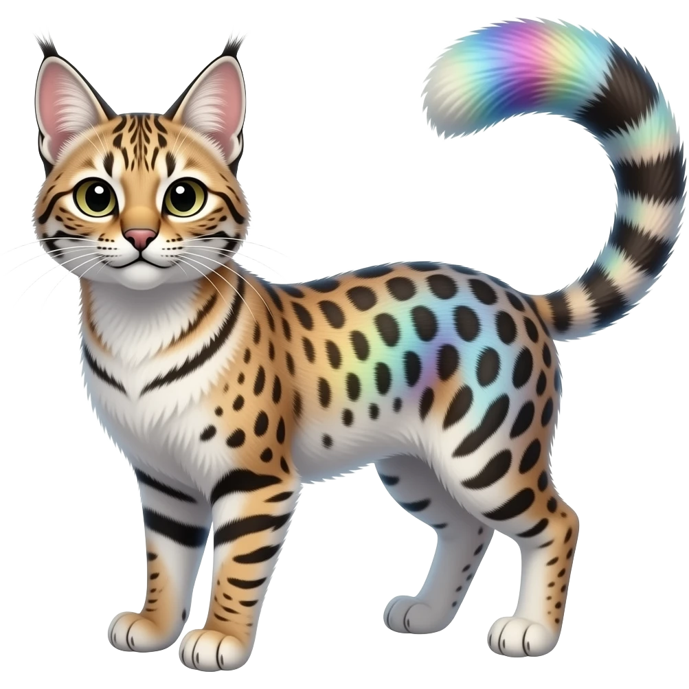 White soft silky smooth vernid-Civet-Genet-Bobcat-Caracal-Serval-animal-hybrid-mix fantasy creature LiLaiRa Kamirah Falvie whiskers paws full body with colorful gradient iridescent patterns fur markings and with a long thin tufted tail feline emoji