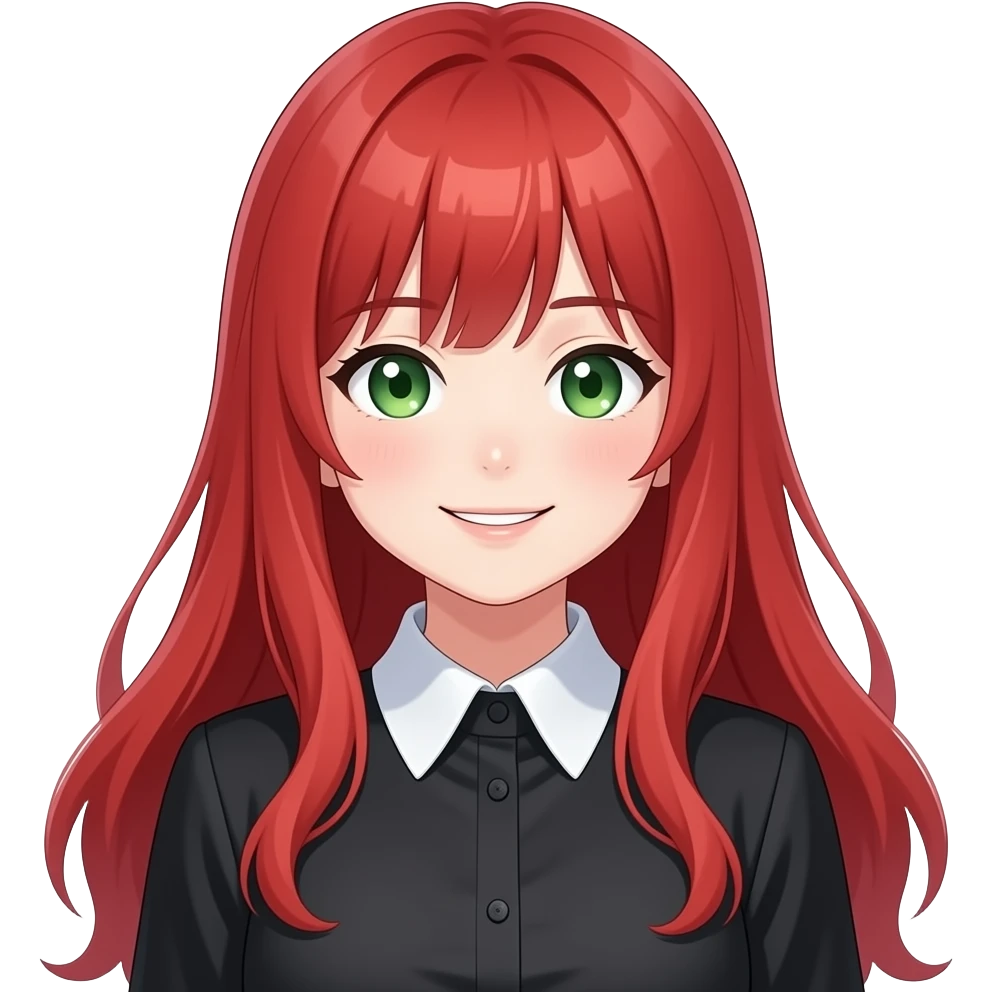 anime girl warm smile long red hair green eyes black blouse with white collar emoji