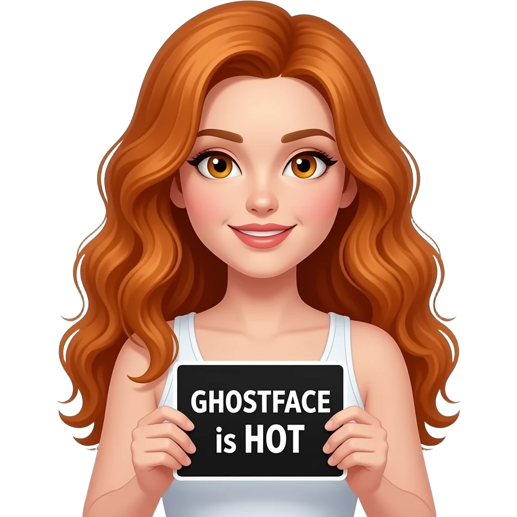 sexy girl with long wavy ginger hair and ginger eyes wearing a white tanktop is holding a black colored sign with GHOSTFACE is HOT written on it emoji