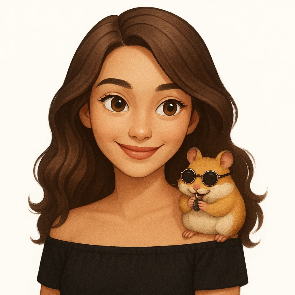 Add a cheeky, adorable hamster perched playfully on her shoulder. The hamster is wearing tiny round sunglasses and munching on a seed. The woman and her hamster are sharing a fun, carefree moment together, radiating warmth and joy. Keep the modern, clean, warm style. emoji