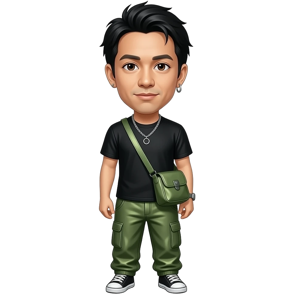 Mike Shinoda with brown eyes, black hair, black metallic T-shirt, olive green metallic baggy pants, necklace and earrings emoji