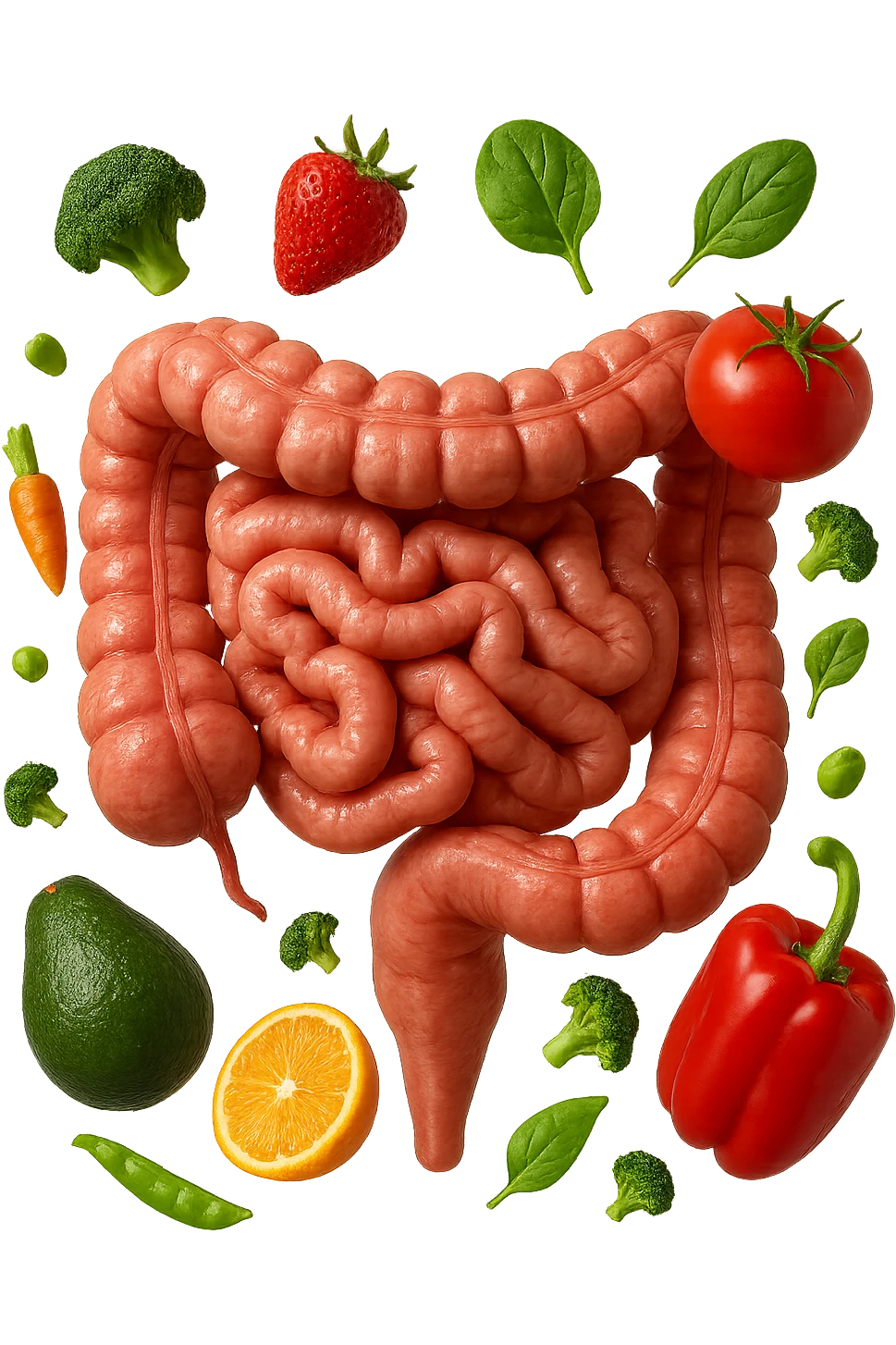 frutta e verdura fluttua intorno ad un intestino umano anatomico realistico, iperrealistico 4k emoji