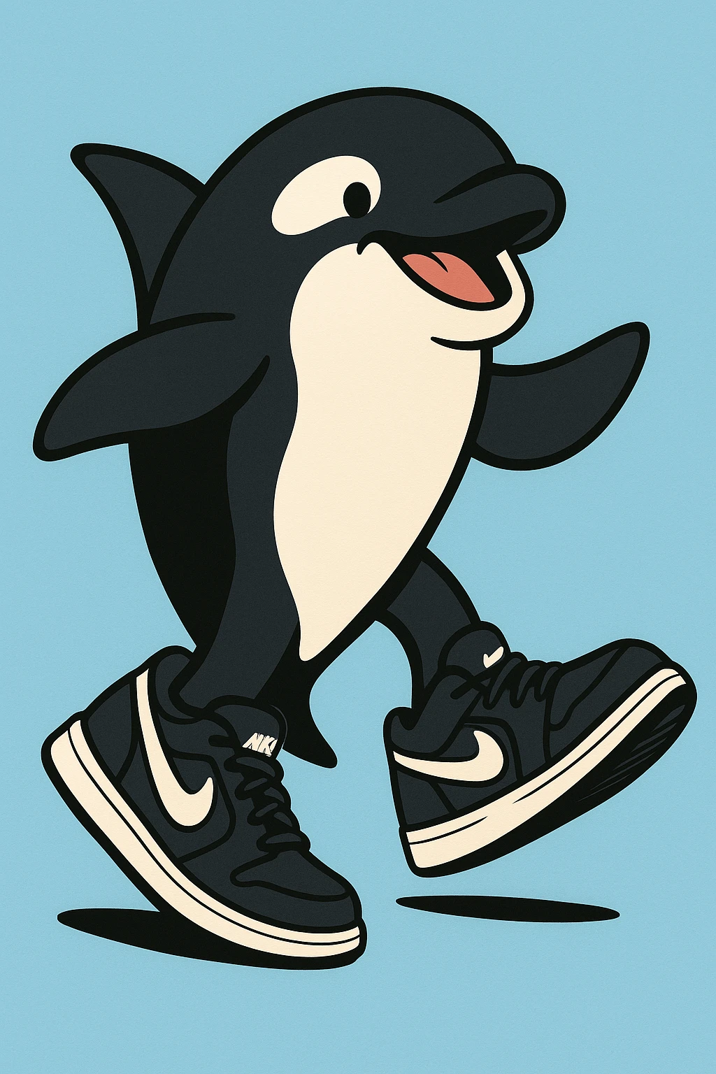 full body playful orca wearing black and white Nike sneakers, focus on shoes, modern illustration style, clean background emoji