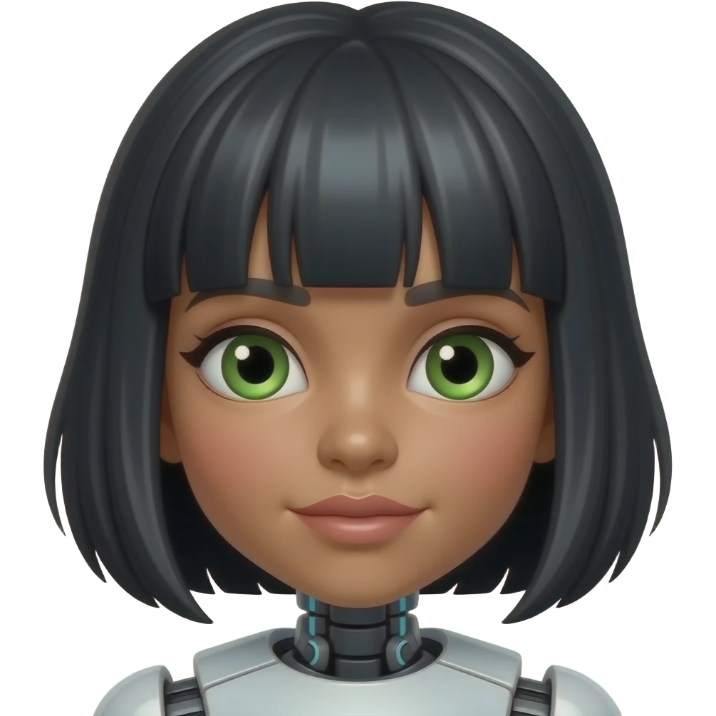 very pretty robot girl with green eyes and black hair, redish cheecks and high heekbones with bangs with a longer face and olive skin  face should be slightly turned to the side emoji