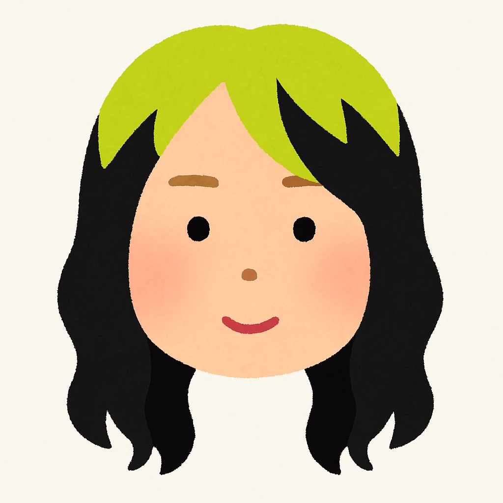 Create a cartoon face inspired by the first reference image of Billie Eilish, focusing only on the face with no neck or body. Render it in the style of the second reference image, which is the Irasutoya style. Use soft colors, round features, and a gentle expression. Include Billie Eilish's signature neon green and black hair. The style should reflect the simple, clean, and friendly look of Irasutoya illustrations. emoji
