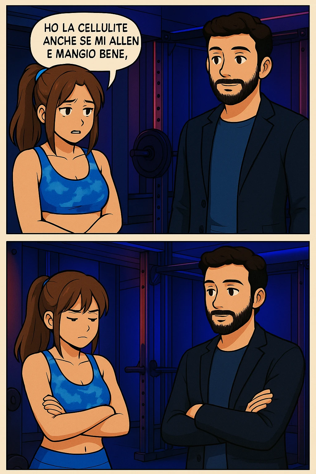PRENDI SPUNTO DA QUESTO STILE E FAI SOLO IL PRIMO FUMETTO DETTO DA LEI, TUTTI GLI ALTRI DIALOGHI LI FA LUI:

LEI: Ho la cellulite anche se mi alleno e mangio bene, cosa posso fare?

LUI: Hai controllato il tuo baricentro corporeo?
LUI: Sapevi che se il peso del tuo corpo cade in avanti o da un lato, c’è un disallineamento fra bacino e torace, che comprimendo le coste, limita la motilità del diaframma e l’ossigenazione dei tessuti?
LUI: Il mio è il primo e unico percorso che lavora sugli inestetismi con un lavoro mirato sul baricentro corporeo. emoji