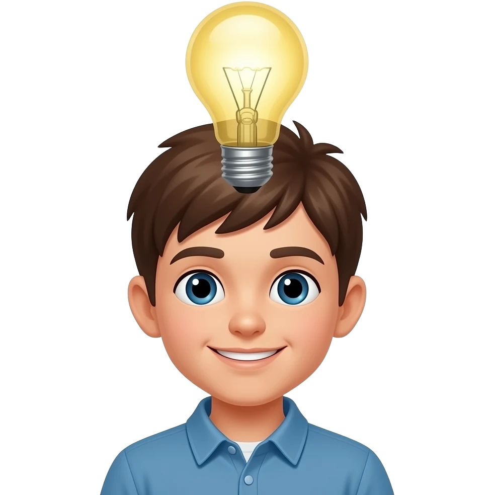 boy with a light bulb head glowing, 3D cartoon emoji
