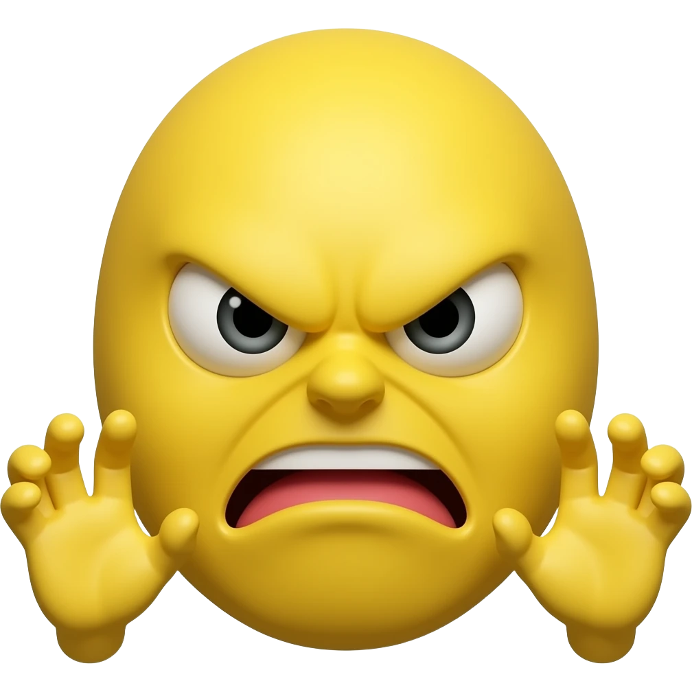 basic yellow mad face emoji with furious hands palms up with fingers slightly curled emoji