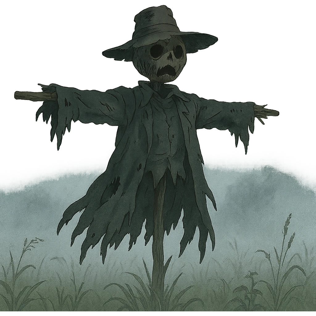 creepy scarecrow in a foggy field, tattered clothes, ominous presence emoji
