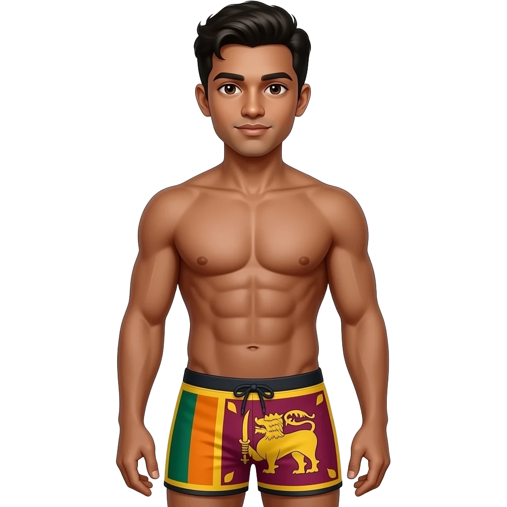 full complete body sri lankan young male standing with muscular build in thong with sri lanka flag theme emoji
