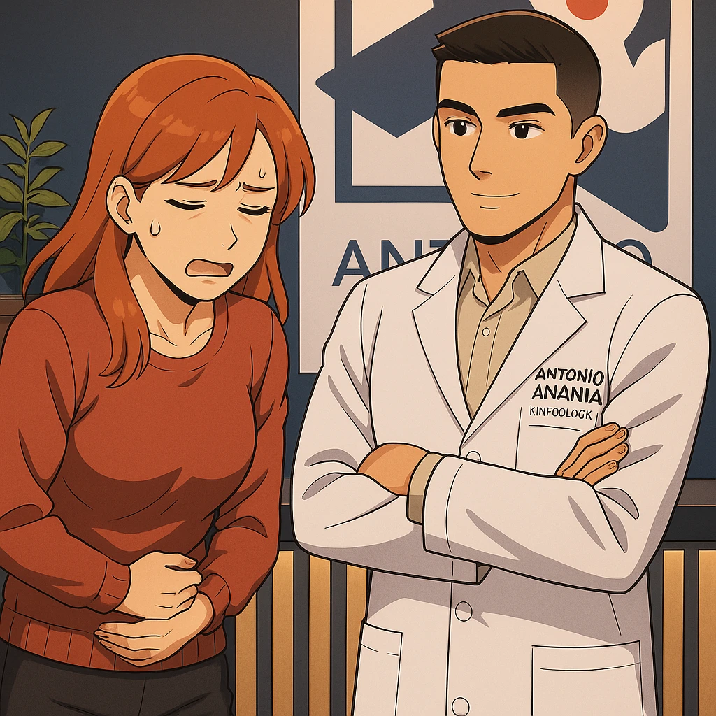 su questo stile fai un manga/webtoon a colori in cui una donna che parla esasperata dal suo problema, l'uomo della foto in stile manga gli risponde, mantieni un ambiente simile alla foto che ho allegato con il suo logo (sarebbe il suo studio, lui è un kinesiologo), scrivigli "ANTONIO ANANIA" sul camice bianco, non mettere fumetti, ma fai in modo che sembri che la donna chiede una cosa e l'uomo risponde alla sua domanda emoji