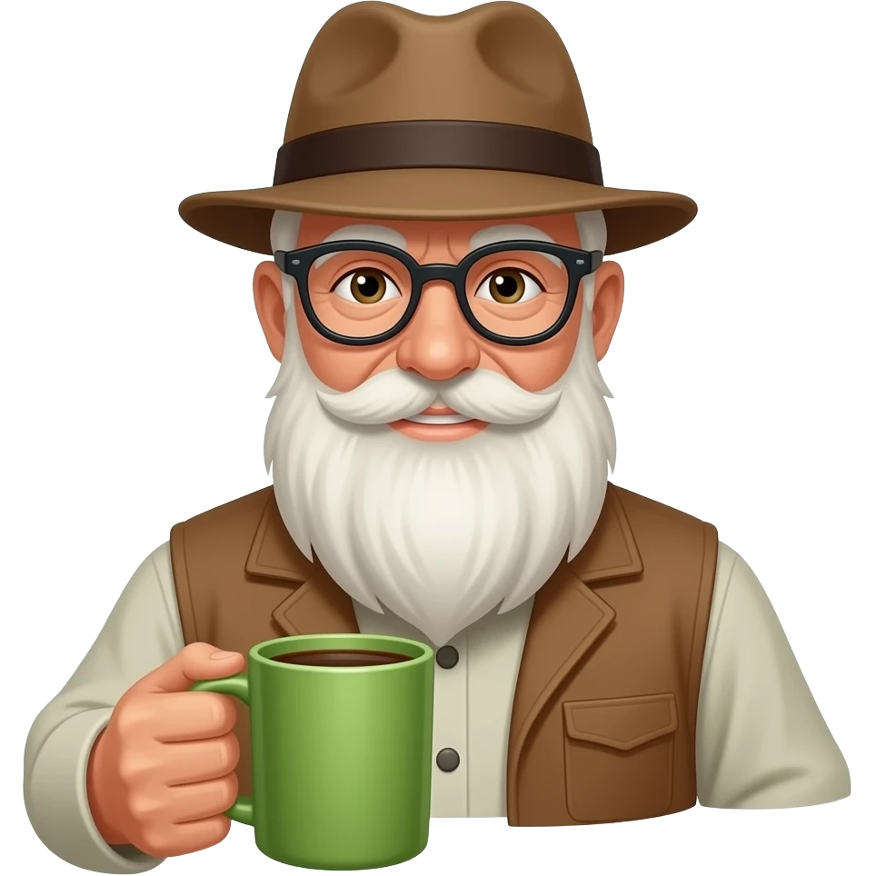 old man with hat and hold coffee mug in his left  hand and visisble coffee cchange cup color into green emoji