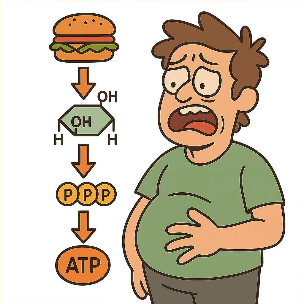 simplified metabolic pathway with arrows and molecule icons, bright colors, flat toon style emoji