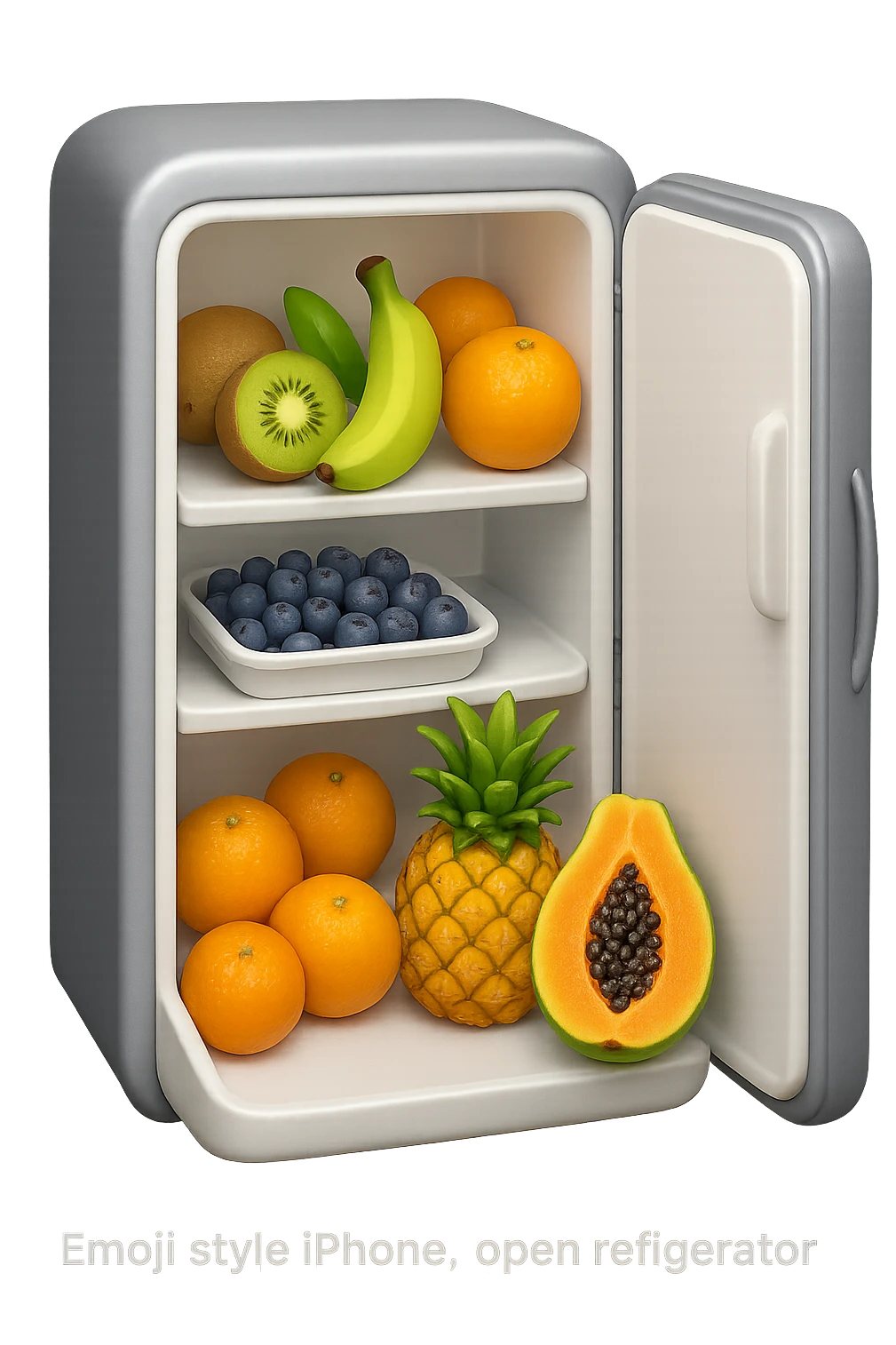 emoji stile iphone di un frigo aperto con dentro ben visibili questi alimenti: Kiwi
Banana acerba
Arance e mandarini
Mirtilli
Ananas
Papaya
IPERREALISTICO 4K emoji