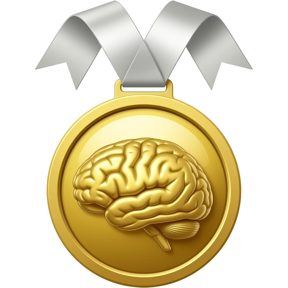 A golden medal with a ribbon and a glossy finish, featuring a central gold brain symbol. emoji