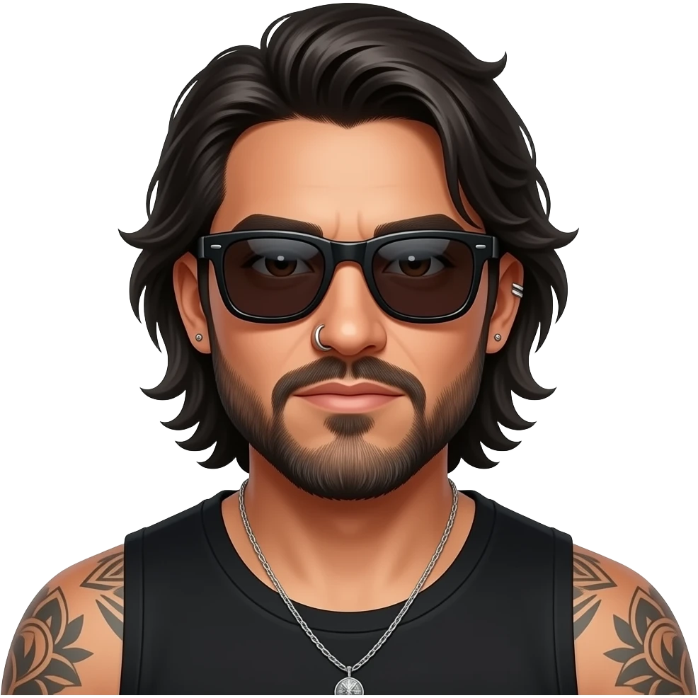 The handsome manly Latino podcast host with medium length hair, a long slightly graying beard and tattoos with his ears pierced 1 time each ear and a nose ring on the right side, dark brown eyes, wearing black, dark sunglasses, and jewelry, ready to fight emoji