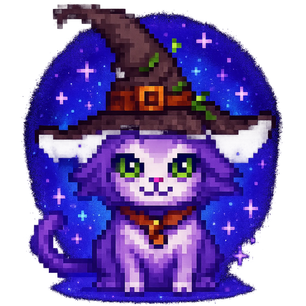 Add sparkles and a magical aura to the purple witch cat in pixel art style, keep the background transparent. emoji