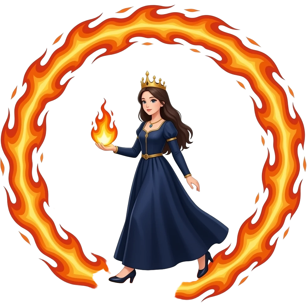 cinematic realistic - an elegant mystical girl in a long dark blue dress carries a small flaming globe in her hand and walks through a huge flaming ring emoji