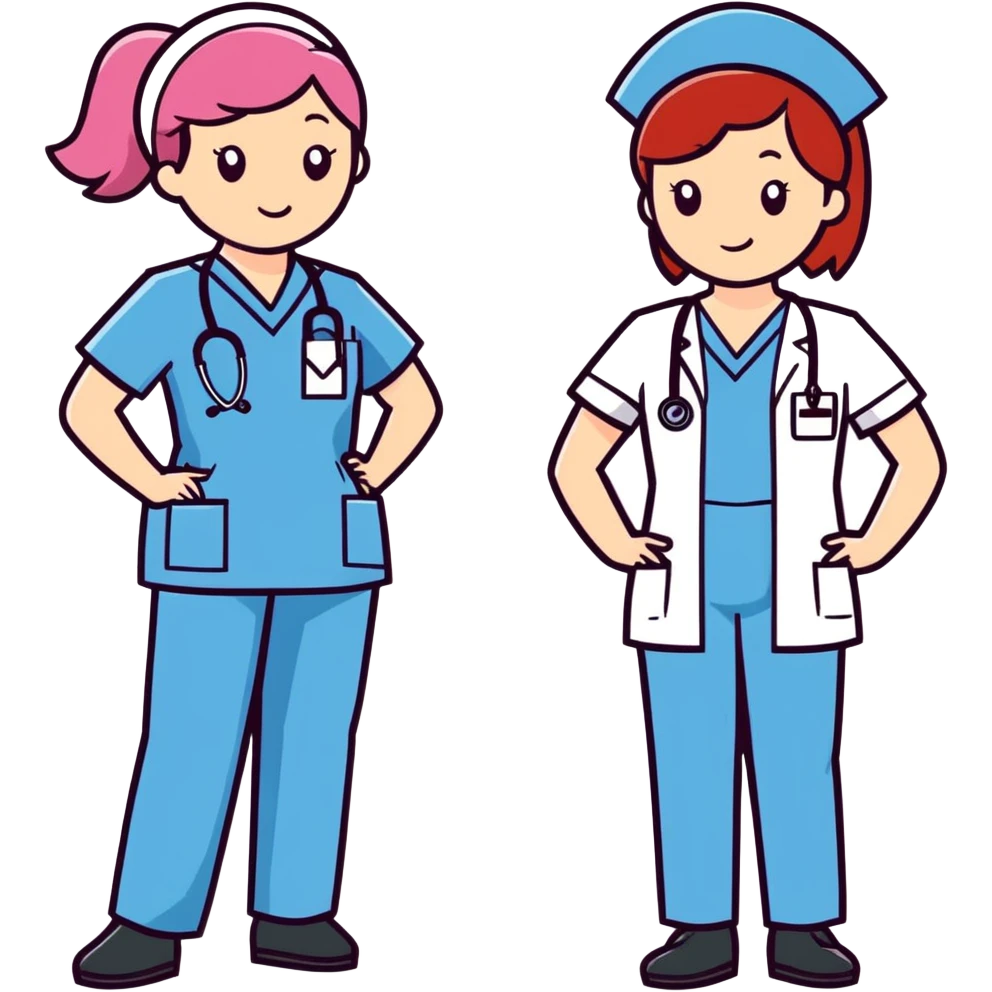 One short white male nurse in blue scrubs then one white tall red headed nurse in purple scrubs and one black nurse in pink scrubs emoji
