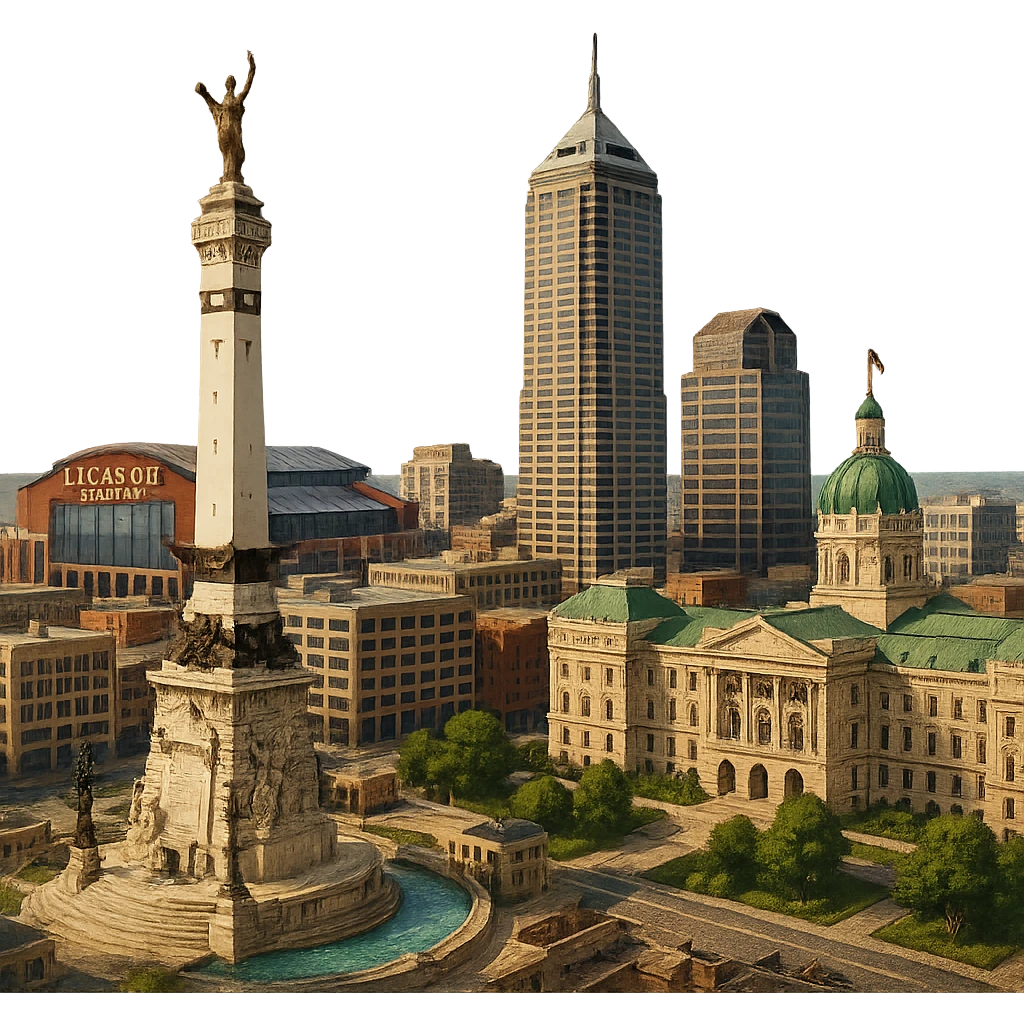 cinematic realistic emoji of Indianapolis, wide city view with iconic landmarks including Soldiers and Sailors Monument, Lucas Oil Stadium, OneAmerica Tower, Indiana State Capitol, lifelike detail, accurate colors, bright daytime lighting, no sky, no clouds, fully transparent background emoji