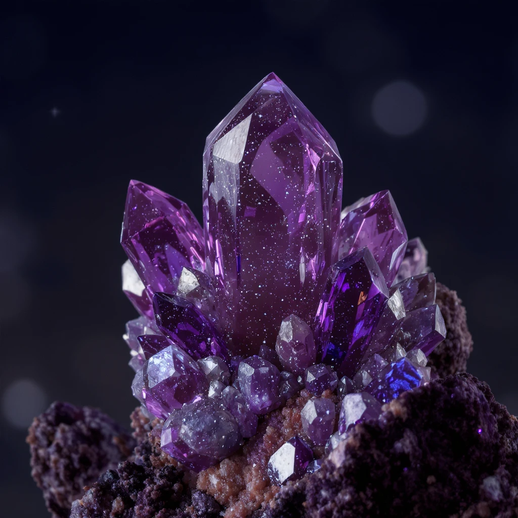 a cluster of crystals, primarily purple with blue tints, sparkling and faceted, realistic style emoji